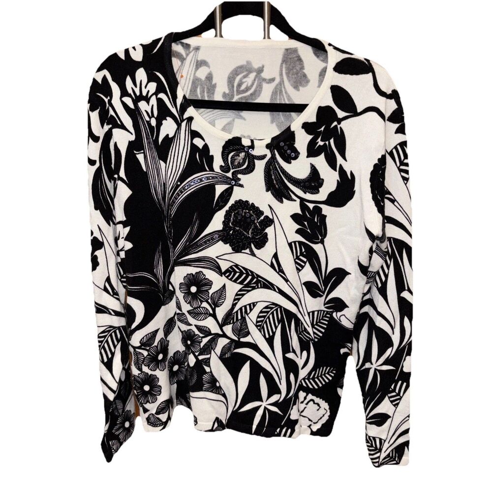 Pierri New York Women Quiet Luxury Floral Beaded Sweater L Artsy Old Money
